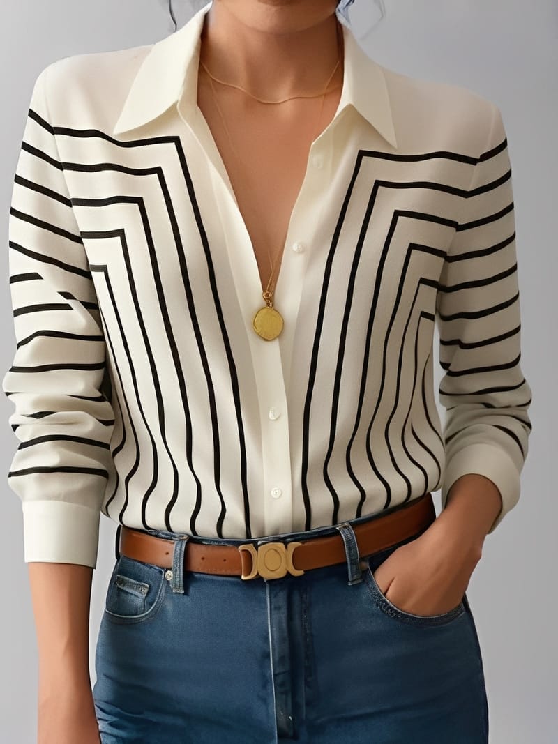 Camisa Listrada Elegante com Botões Frontais – Zaira