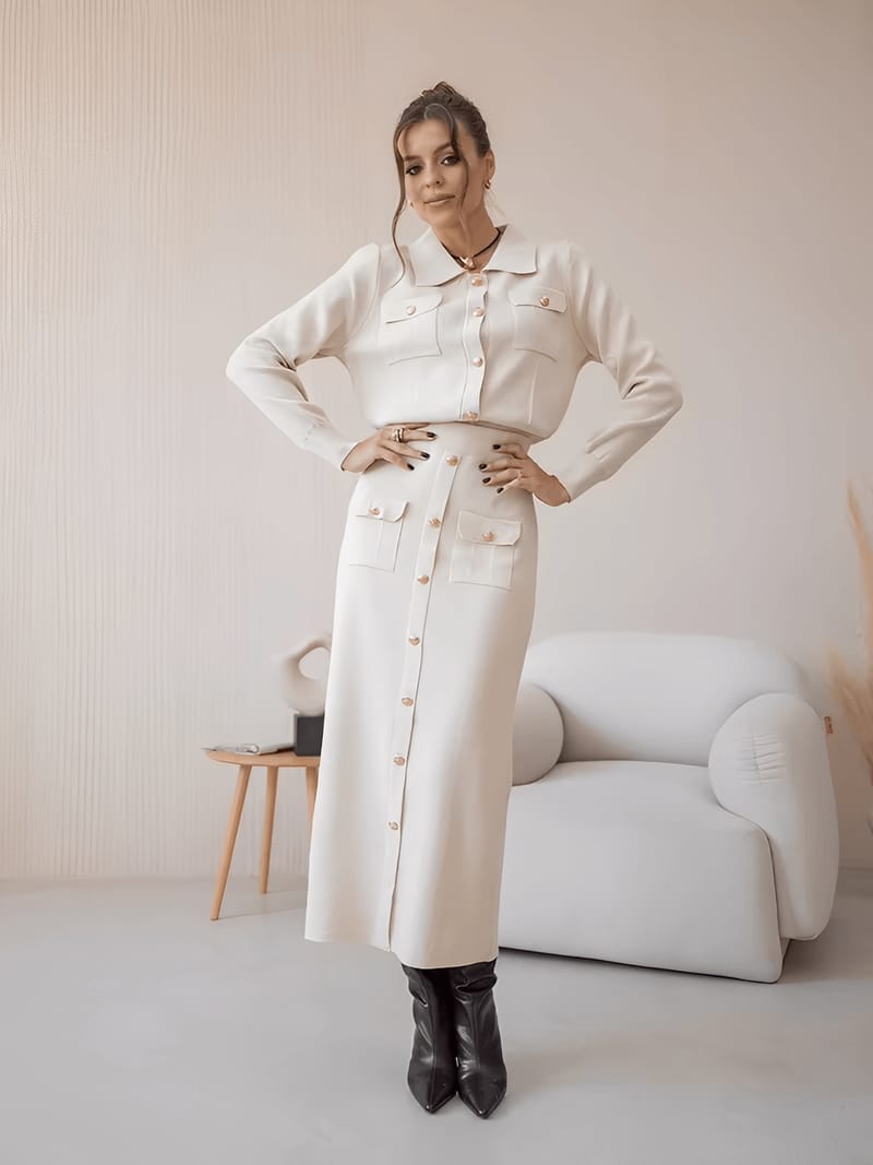Conjunto Alfaiataria em Viscose com Suéter e Saia Midi de Botões - Geyze