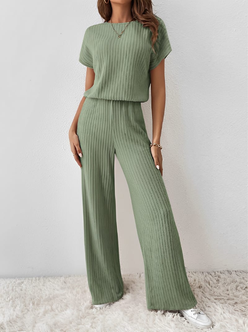 Conjunto Canelado com Blusa Manga Morcego e Calça Pantalona – Maite