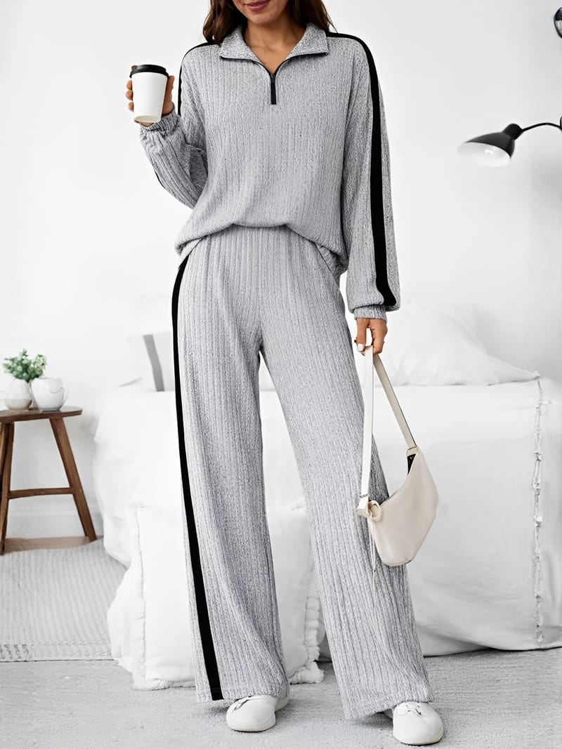 Conjunto Canelado com Suéter Gola V de Zíper e Calça Pantalona – Ivy