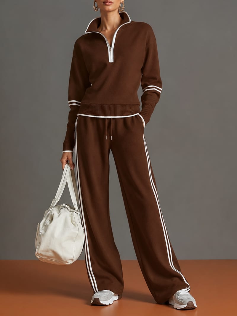 Conjunto com Suéter de Gola Alta e Calça Wide Leg Ajustável Esportivo - Jana