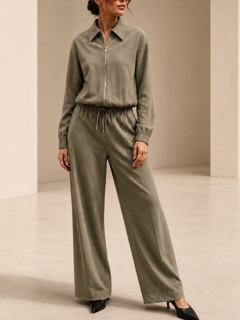Conjunto em Sarja com Jaqueta Cropped Franzida e Calça Wide Leg - Yoná