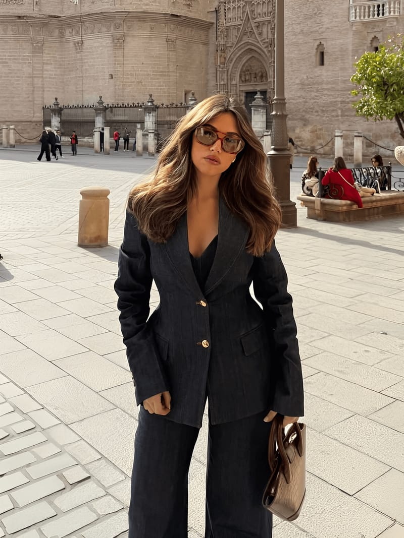 Conjunto Jeans 3 Peças Blazer Corset Peplum e Calça Pantalona - Kendall