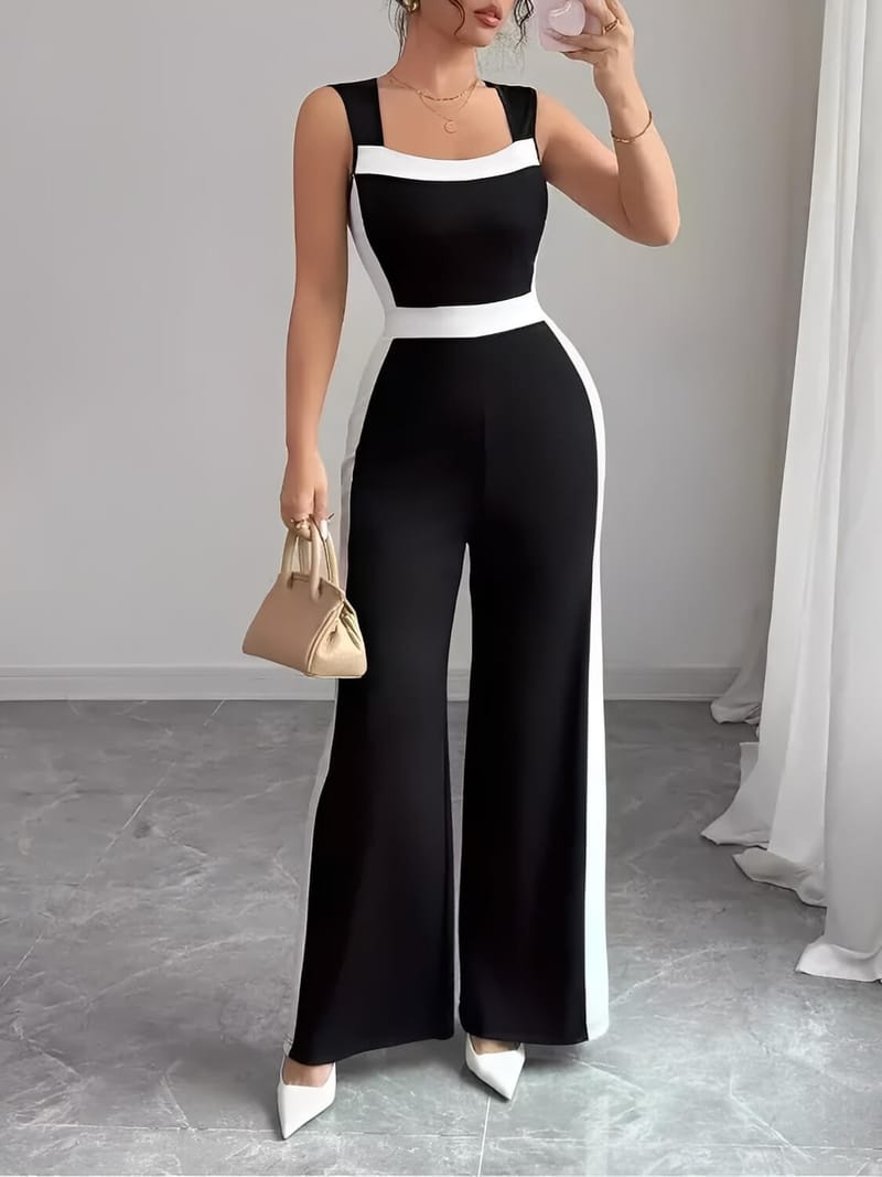 Macacão Longo Pantalona com Faixas Laterais e Gola Quadrada – Eliane