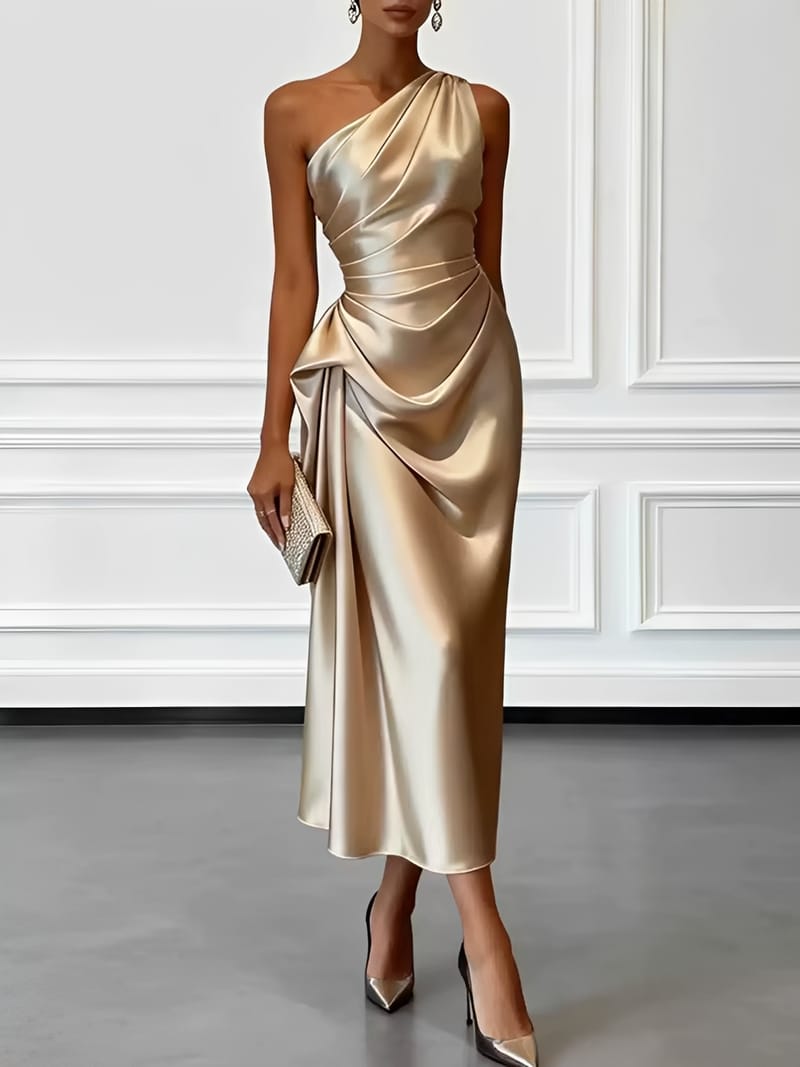 Vestido Midi Acetinado Acinturado com Decote Assimétrico e Drapeado Elegante - Penelope