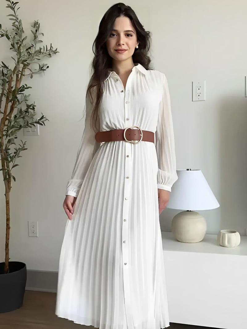 Vestido Chemise Midi Plissado com Botões Frontais – Fleur