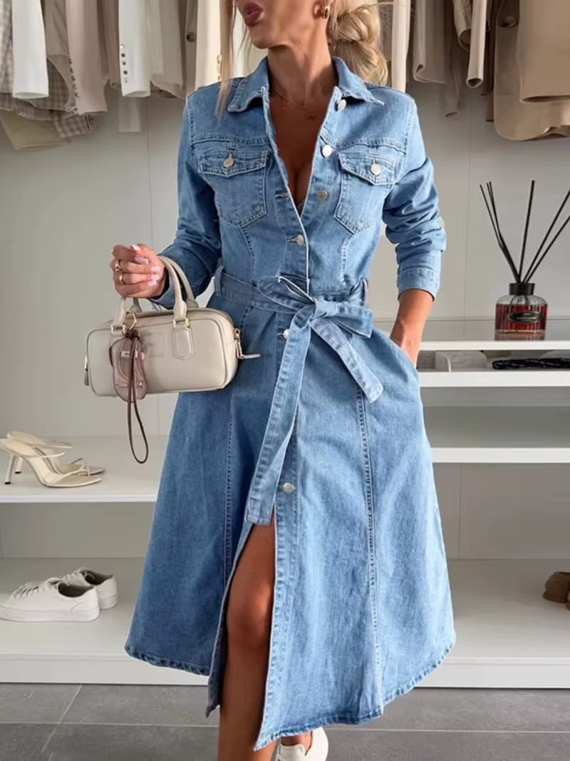 Vestido Jeans Midi Chemise com Gola Polo e Cinto-Faixa - Nadia