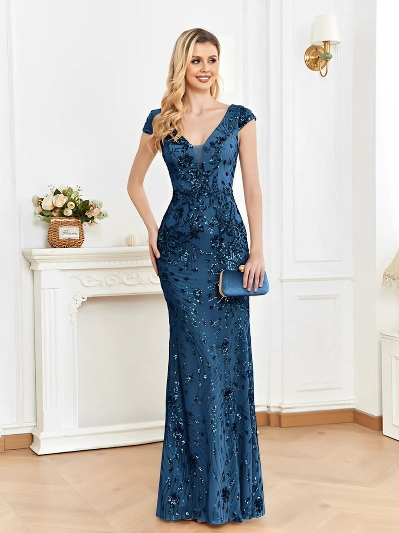 Vestido Longo de Festa Sereia Bordado com Tule e Decote em V – Celeste