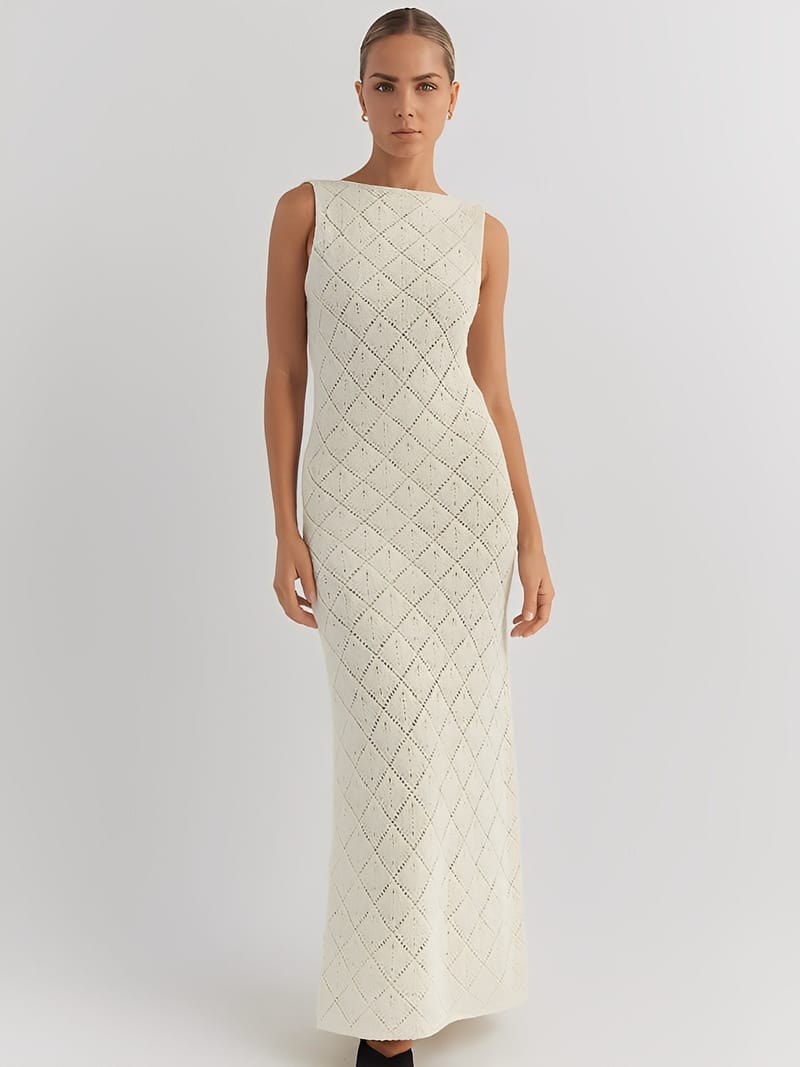 Vestido Longo em Crochê Vazado com Fenda Lateral – Filipa