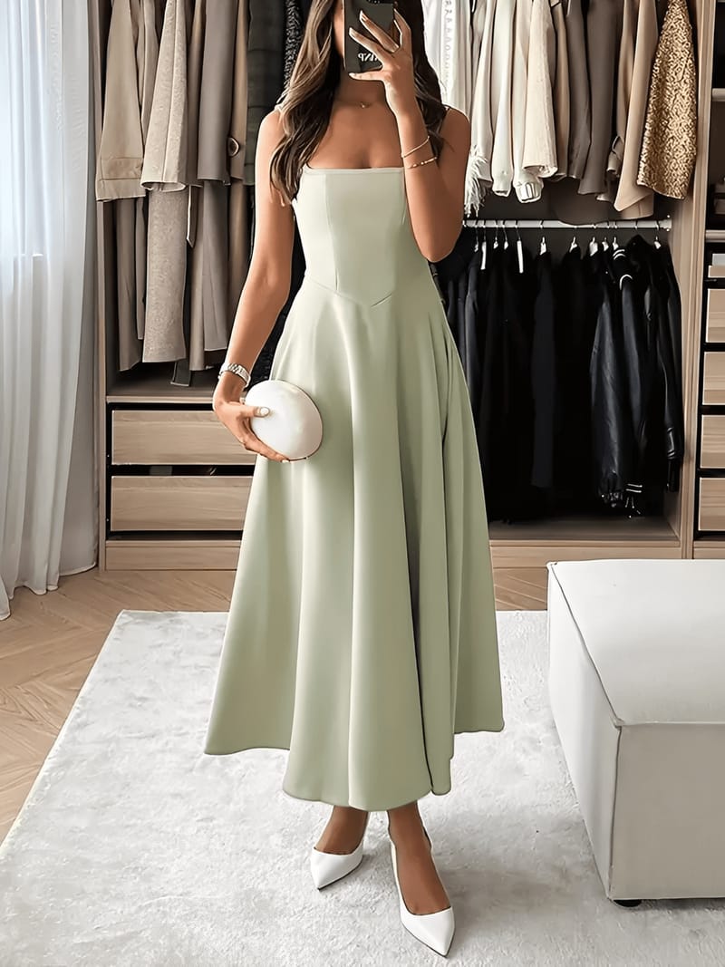 Vestido Longo Evasê com Corset Estruturado e Decote Quadrado - Luciene