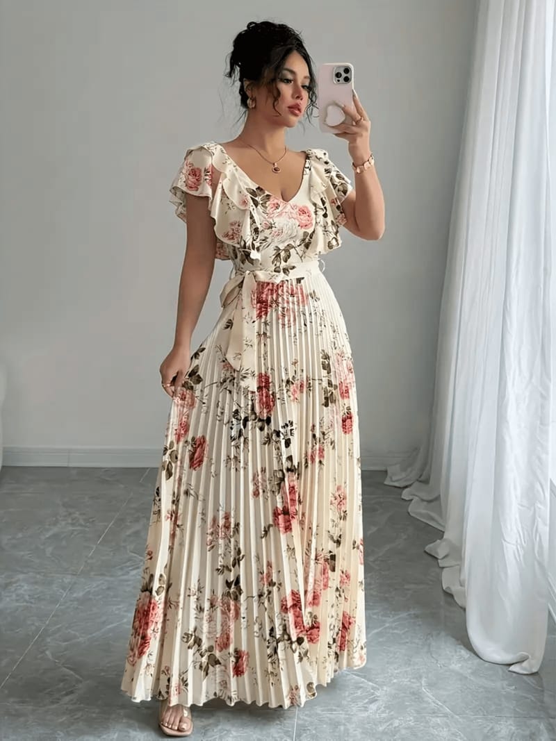 Vestido Longo Floral Plissado com Babados e Faixa-Cinto – Laís