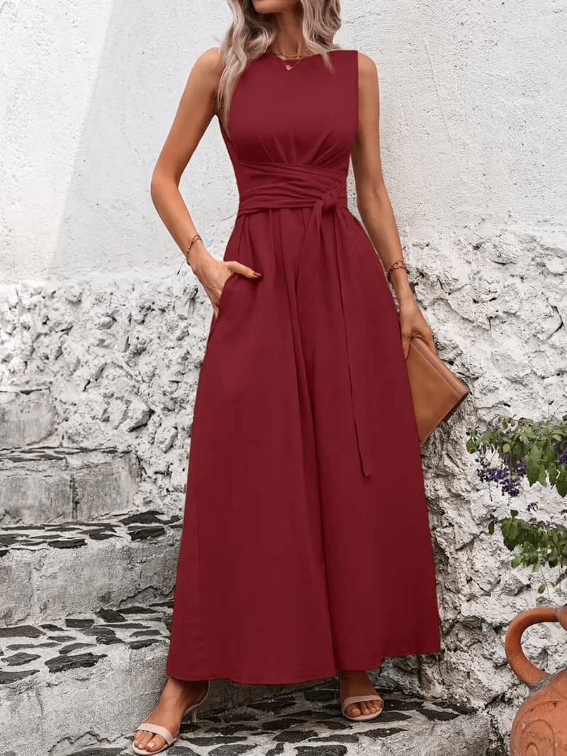 Vestido Longo Regata Acinturado com Faixa Ajustável e Bolsos – Amira