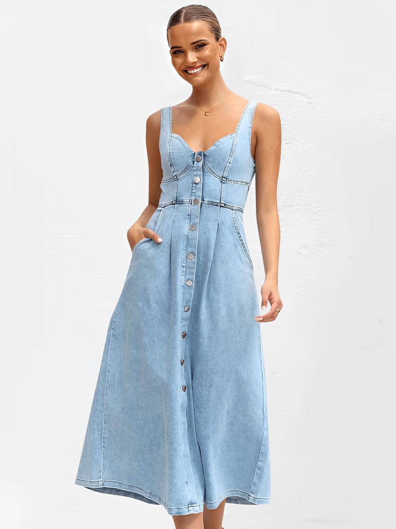 Vestido Midi Jeans com Decote Coração e Botões Frontais – Pilar