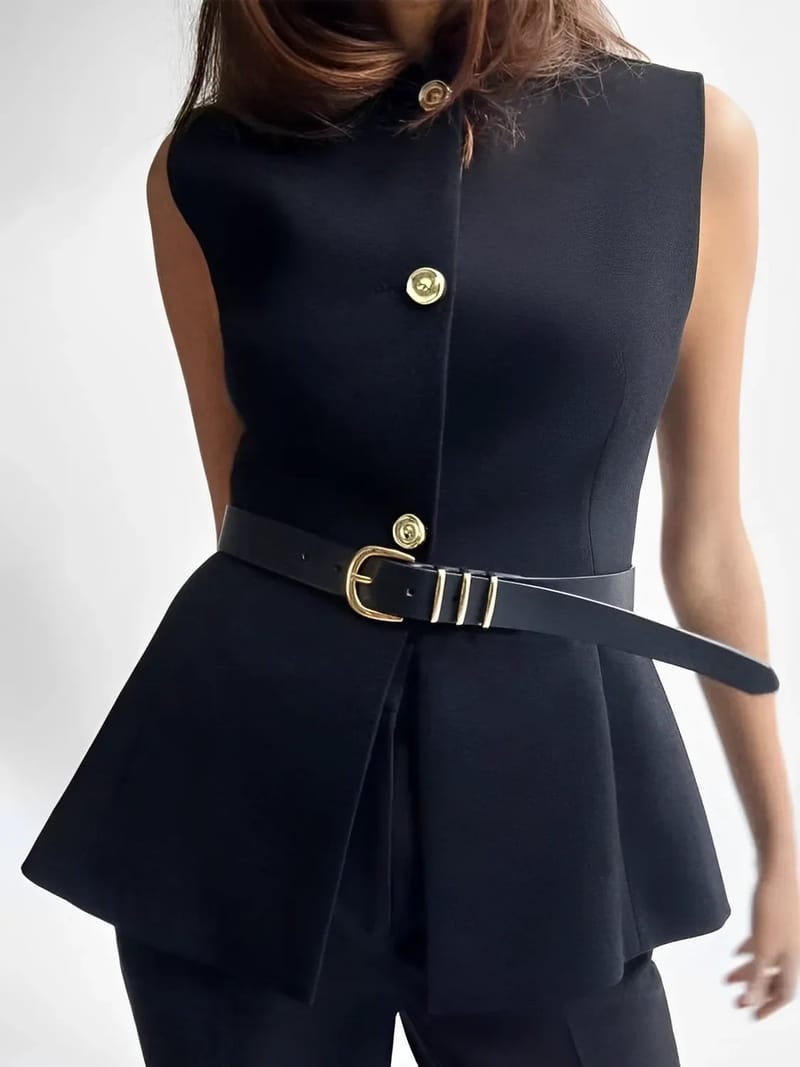 Blusa Feminina Regata Peplum com Botões e Cinto Ajustável - Cora
