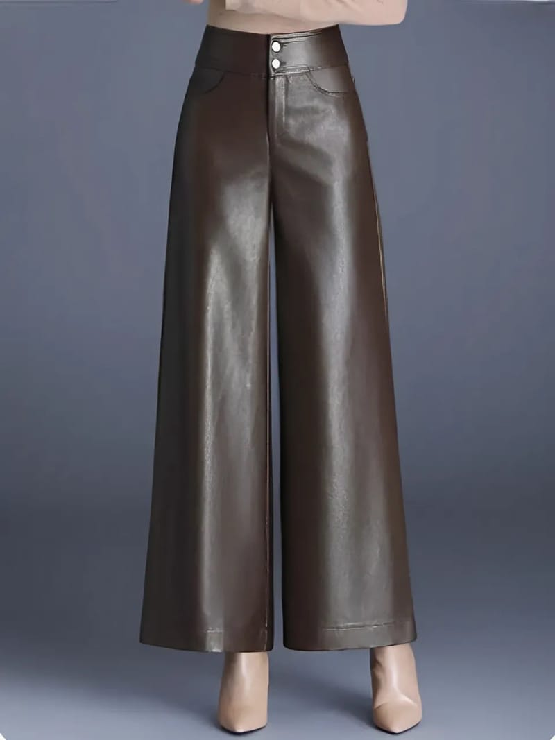 Calça Feminina Flare Cintura Alta em Couro Sintético com Zíper – Ellie