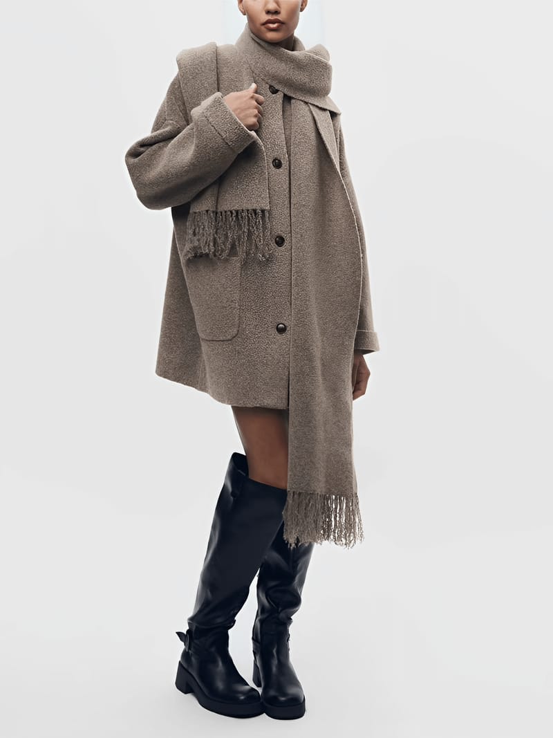 Casaco Oversized em Lã Batida com Cachecol Removível - Marjorie