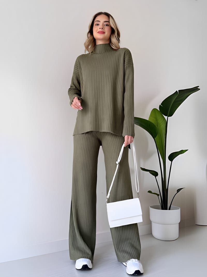 Conjunto de Tricô Canelado com Suéter Mullet e Calça Pantalona - Grace