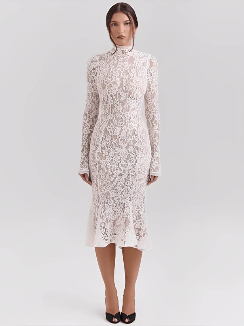 Vestido Midi  Godê em Renda Floral de Gola Alta e Manga Flare – Nagyla